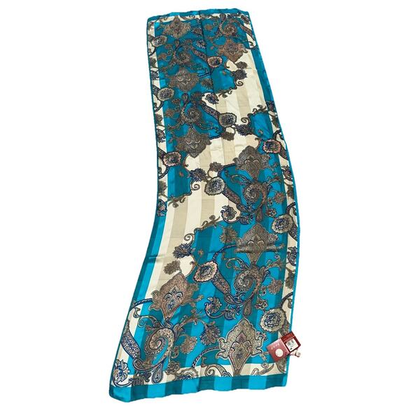 100% Silk Rectangular ASCOT Scarf Florals Beige Blue Peach Cream 69”x21” - Picture 2 of 6